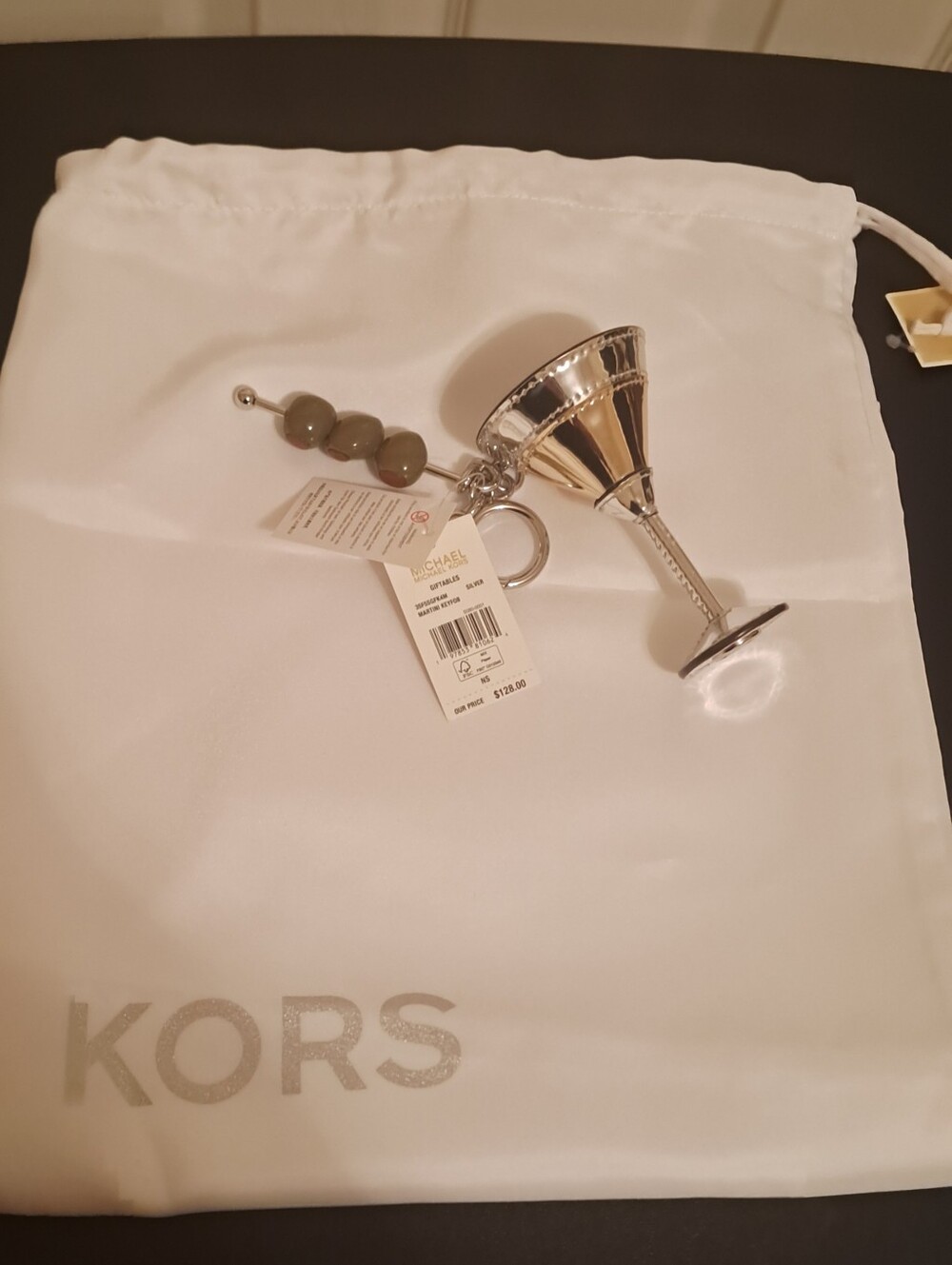 Michael Kors Silver-Tone Martini Key Fob with an extra large dust bag NWT